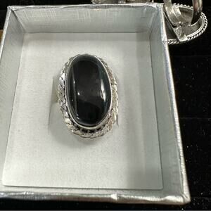 💕 Black onyx natural gemstone‎ ring silver overlay, stamped 925 adjustable